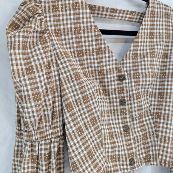 Simplee Women Brown Plaid Crop Top Gathered Sleeve Tie in Back Size M - Picture 2 of 11